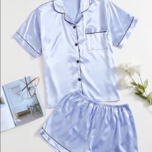 Silky Blue Pajamas Shorts Set Pocket Shirt